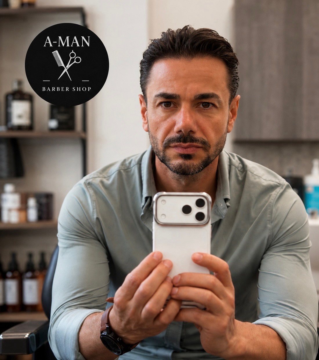 Ayman in the studio, in front of the shelves of grooming products